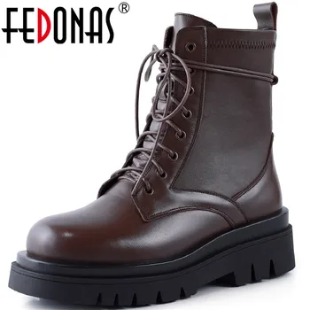 

FEDONAS Cross Tied Motorcycle Boots Retro Platform Genuine Leather Shoes Woman 2020 Winter Newest Party Working Boots Boots