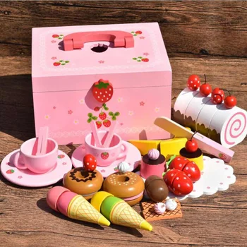 

36PCS Wood DIY Pretend Play Fruit Cutting Birthday Cake Kitchen Food Toys Cocina De Juguete Toy Pink Girls Gift for Children