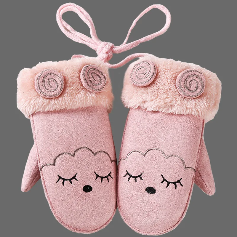 

Winter Cartoon pink Children Gloves Thick Fur long mittens leather kids thermal cashmere handschoenen cashmere heated