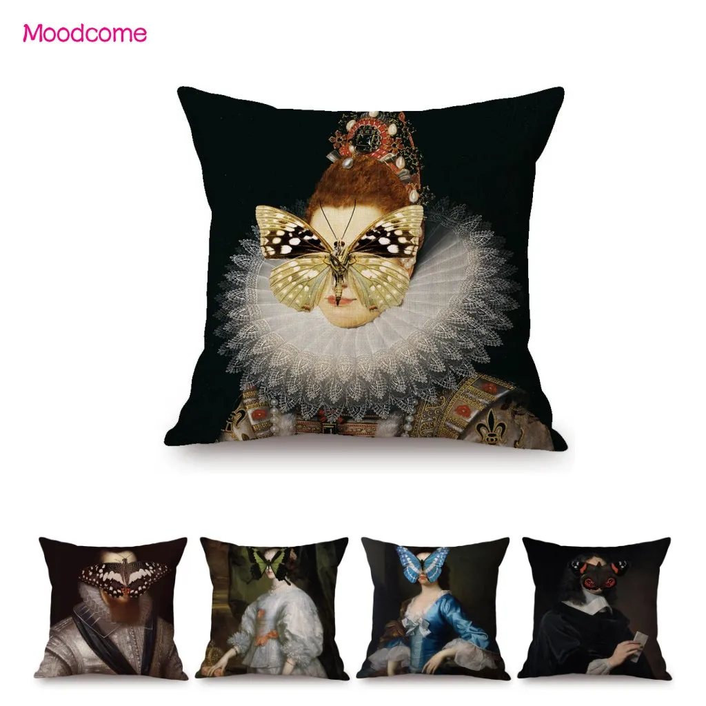 

Modern Art World Famous Oil Painting Butterfly Face Ironic Humorous Cotton Linen Sofa Throw Pillow Case Home Decor Cushion Cover