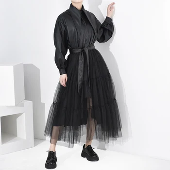 

LANMREM 2020 new spring and autumn fashion women PU leather mesh patchwork big bottoms waist belt vintage dress tide PB27901