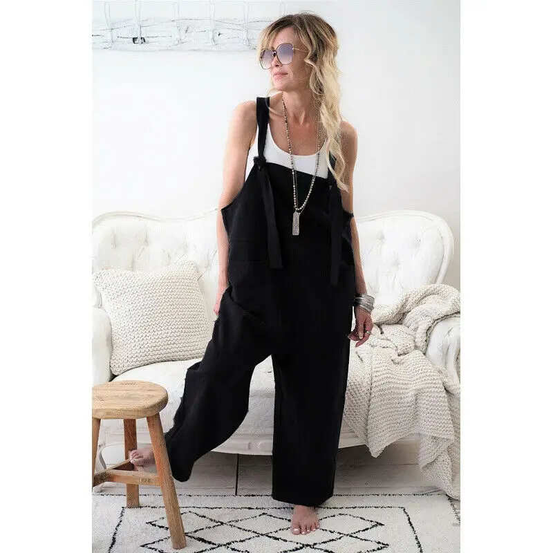 

Women Sleeveless Pockets Dungaree Baggy Jumpsuits Overalls Fashion Strappy Loose Long Harem Pants Bib Trousers XL