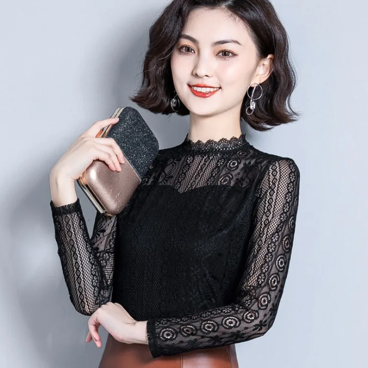 

Anqi Pull Lace Base Shirt Women's Long-Sleeve Gauze Tops Underwear Hollow out Stand Collar Sweater 2019 Autumn Clothing New Styl