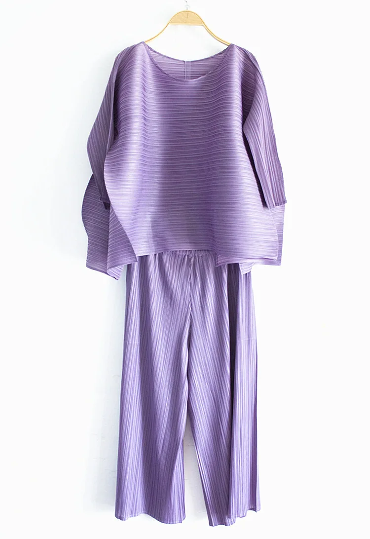 LANMREM 2020 new summer 2 pieces set pleated O-neck three quarter sleeve pullover loose T-shirt female loose wide leg pants WG95