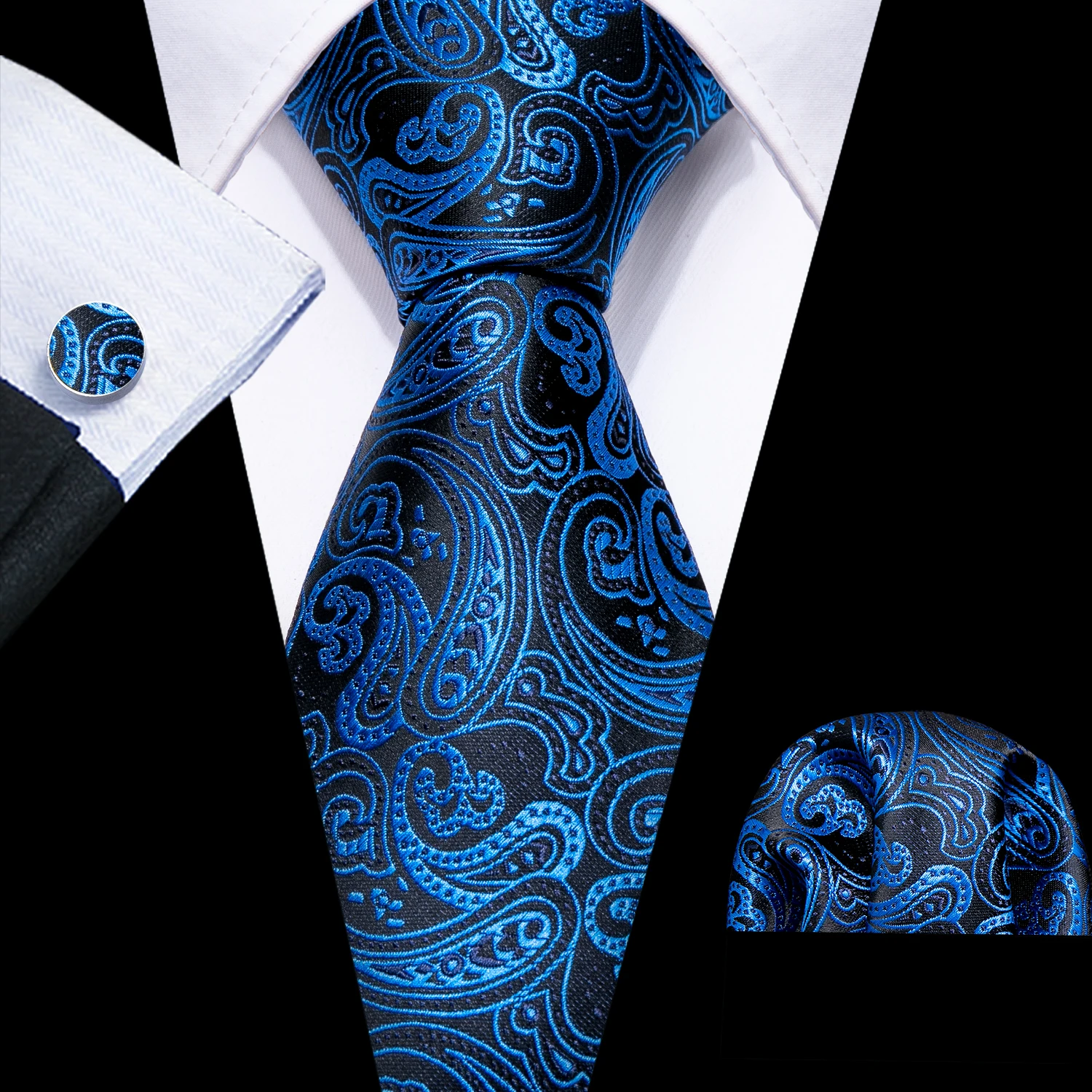 

3PCS Blue Paisley Mens Wedding Tie 8.5cm Silk Neckties Business Handkerchief Cufflink Tie Gift Set Barry.Wang Designer FA-6042