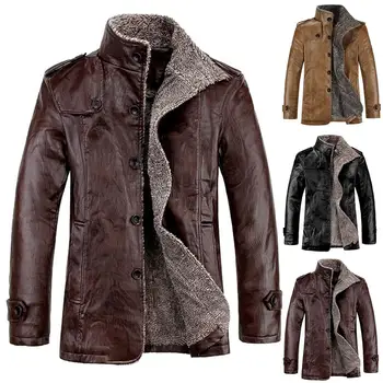 

Men Winter Stand Collar Faux Leather Buttons Pocket Fleece Plus Size Warm Jacket