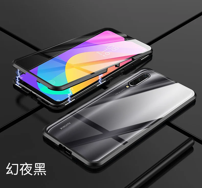 Двойной защитный чехол из закаленного стекла для Xiaomi mi A3 9 Lite CC9E mi 9T Pro металлический магнит 360 полностью прозрачный стеклянный чехол - Цвет: black