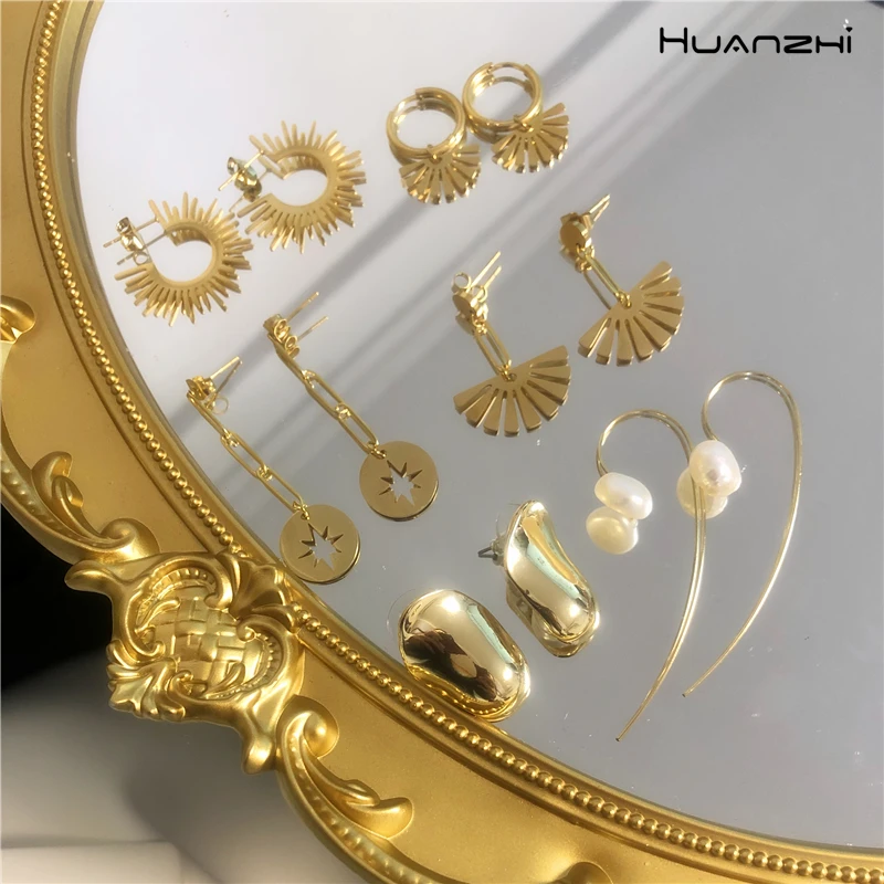 HUANZHI 2020 New Stainless Steel Small Circle Hoop Earrings Gold Geometric Pendant Earring For Women Girls Jewelry | Украшения и
