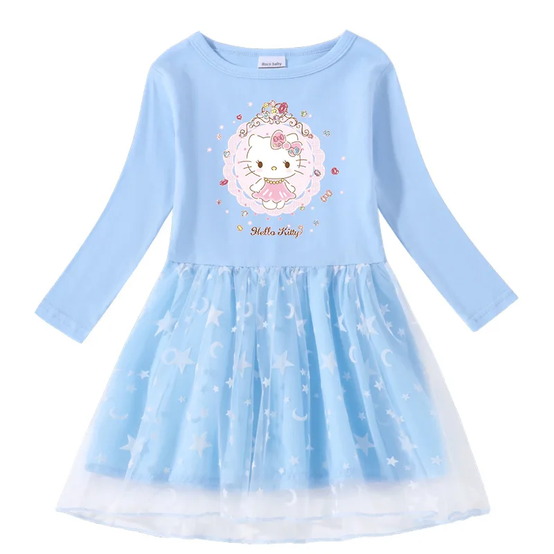 thumbnail image 1 of Hello Kitty lindo estampado de dibujos animados niños algodón moda plisada princesa vestido estrella Luna hilo neto manga larga casual niñas falda, 1 of 4