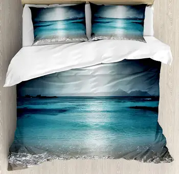 

Tropical Duvet Cover Set Queen Size Storm Sky on The Beach of La Dugue Island Seychelles Dramatic Scene Decorative 3 Piece Bed