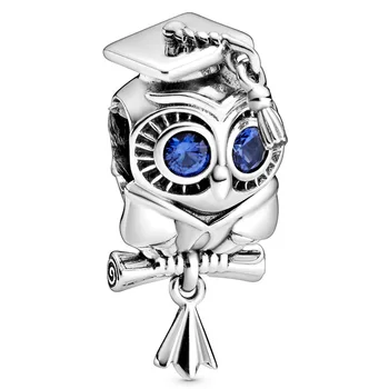 

New 925 Sterling Silver Bead Charm Graduation Hat Blue Eyes Wise Owl Graduation Pendant Beads Fit Bracelet Diy Jewelry