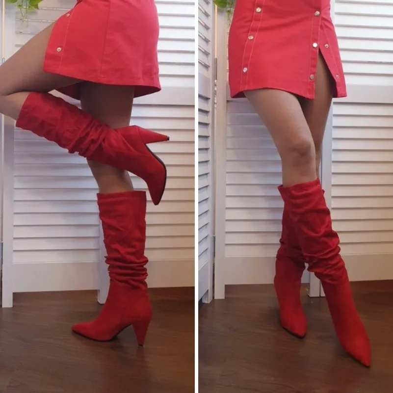 Meotina-зимние сапоги до колена женские высокие сапоги со складками на шпильках обувь с острым носком на очень высоком каблуке Женская Осенняя обувь красного цвета, размеры 34-43