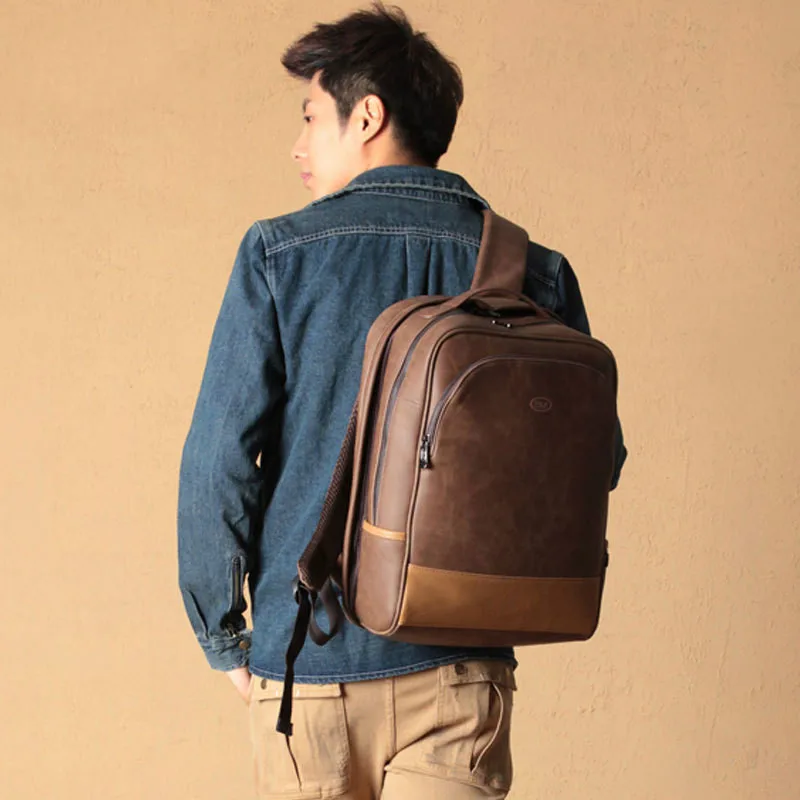 

New Luxury PU Men's Backpack Fourteen Lines Trend Youth Solid Color OL Backpack Outdoor Leisure Large Capacity Computer Bag