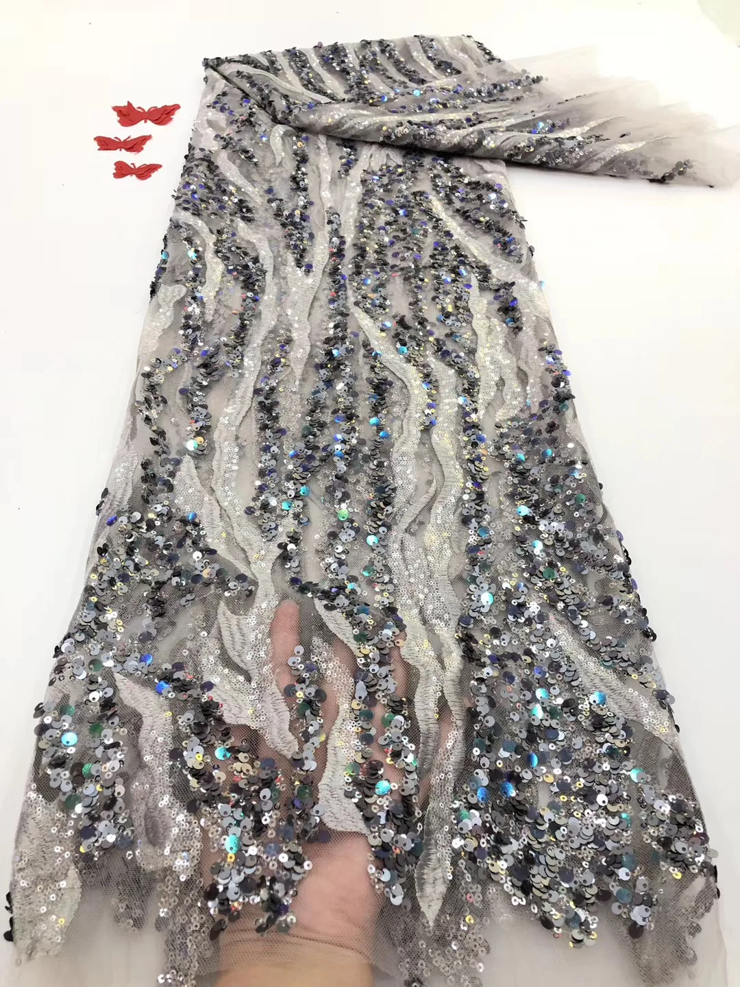 

African Lace Fabric 2020 High Quality Lace Material Nigeria French Sequined Tulle Mesh Lace Fabric Dress RF4317