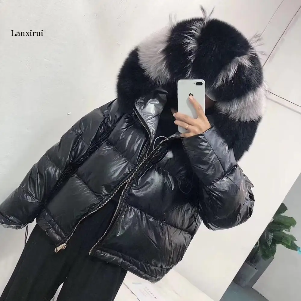 

Women Double Sided Silver Golden Duck Coat Winter Large fakel Fur Collar Waterproof Jacket Hooded Snow Outerwear
