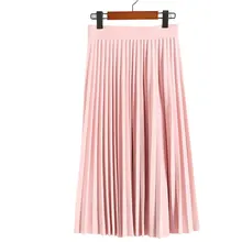 Женская модная плиссированная Однотонная юбка до середины икры с высокой талией, универсальная шифоновая одежда, Женские повседневные эластичные плотные юбки