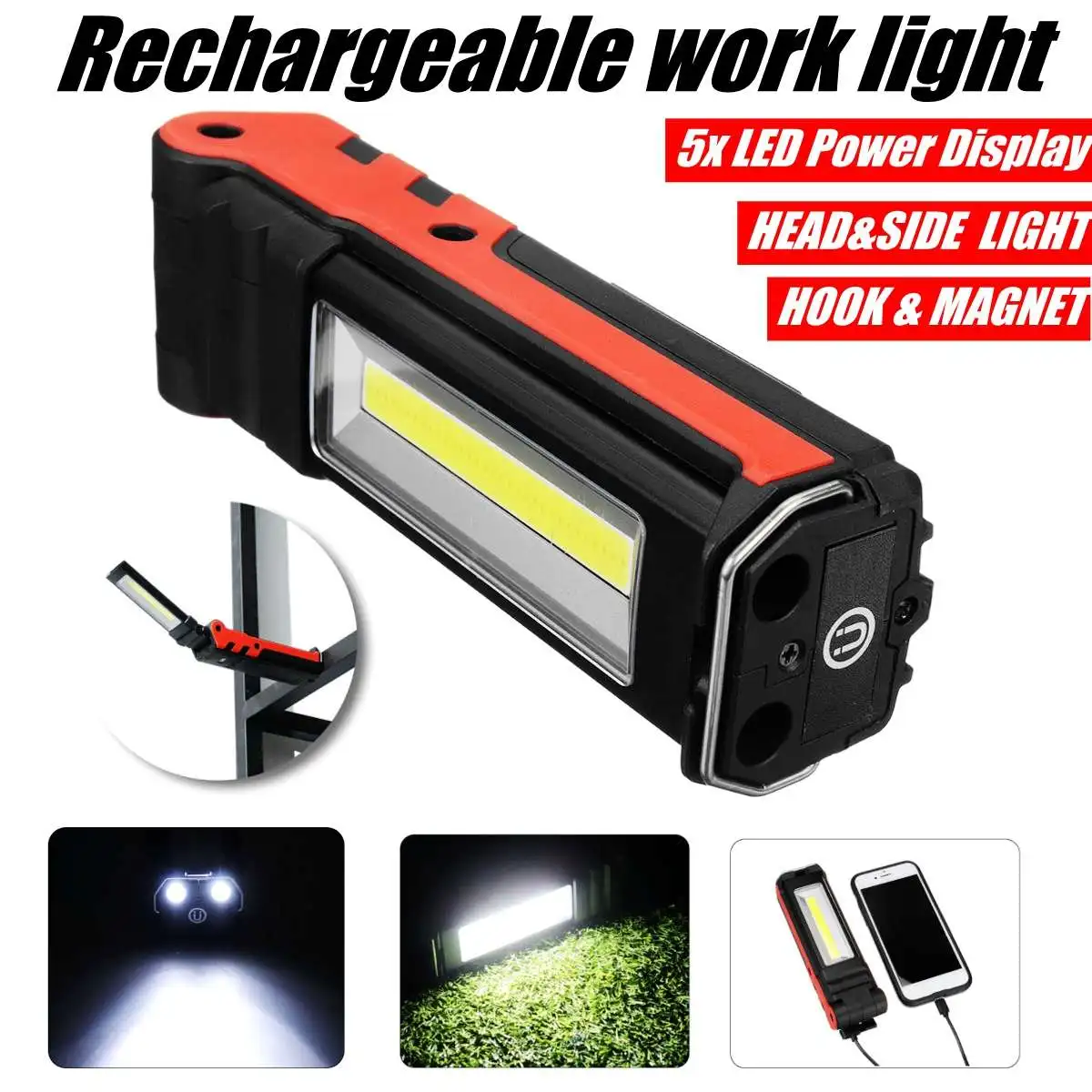 USB Rechargeable Working Light Camping Flashlight Waterproof Torch Built-in Battery COB LED Lantern Linternas with Magnet/Hook