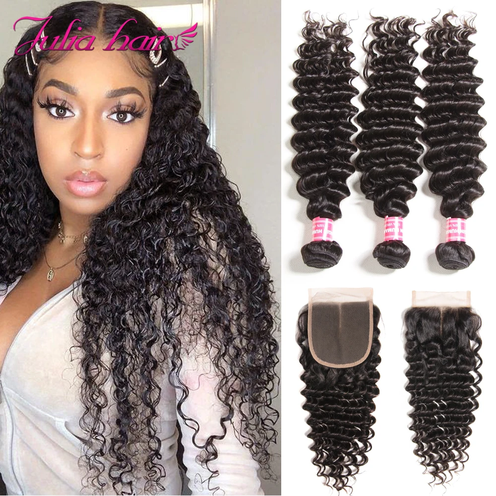 Brazilian Deep Wave Bundles With Closure Remy Human Hair Bundles with Closure Pre Plucked Julia Lace Closure with Weave Bundles (2)