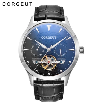 

Corgeut 44mm Domed Glass watch clock fashion top brand mechanical Black Dial leather strap Date&Day Mens Automatic Watch