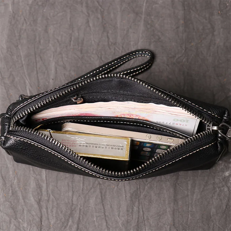 Men Genuine Leather Business Hand Phone Clutch Wallet Black Male Real Leather Handbag Men's Wrist Bag Large Coin Bag Purse