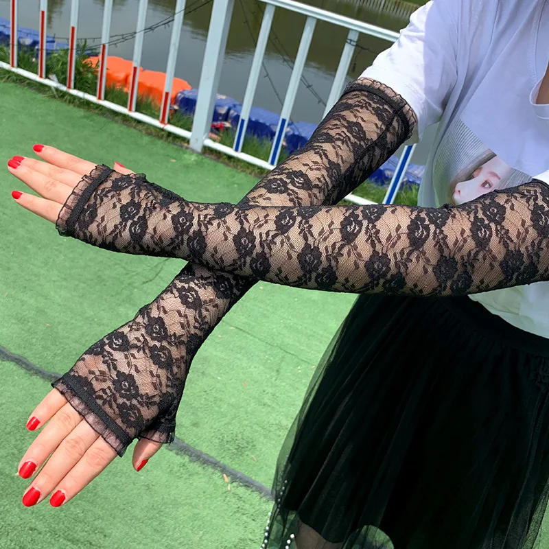 Women Summer Arm Sleeves Gloves Sexy Lace Flowers Gloves Fingerless Mittens Covered Scar Elastic Sleeve Driving Sunscreen Gloves