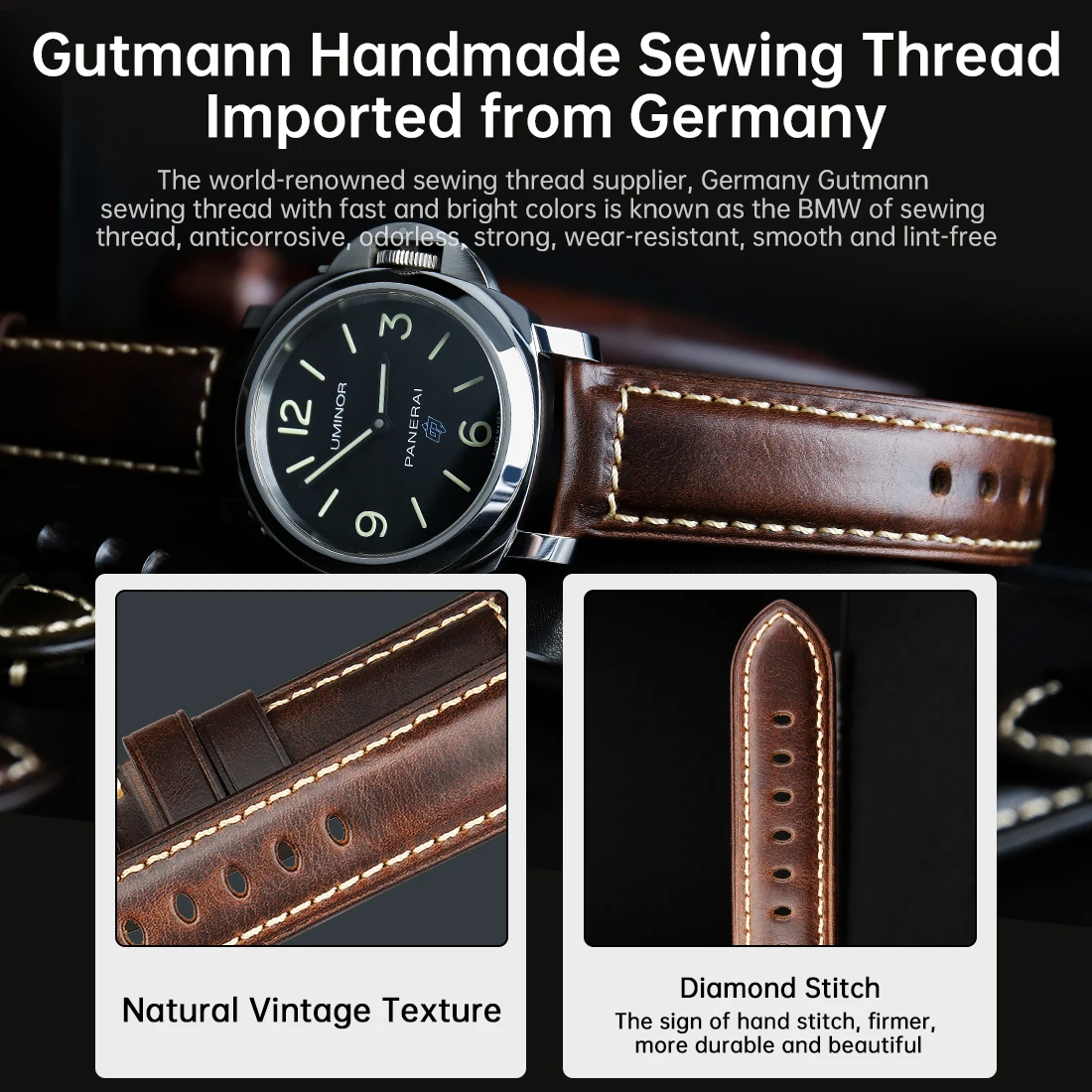 Vintage Genuine Leather Watch Strap with Butterfly Buckle Clasp