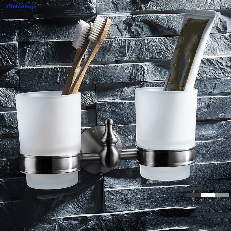 Tlhottop 304 Stainless Steel Double Cup Tumbler Holder Wall Mounted Toothbrush Cup Holder Bathroom Accessories YJ-7465