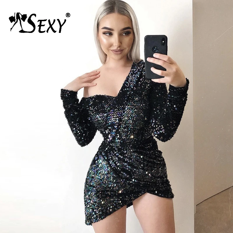Женское Ассиметричное платье Gosexy блестящее мини с длинным рукавом и открытыми