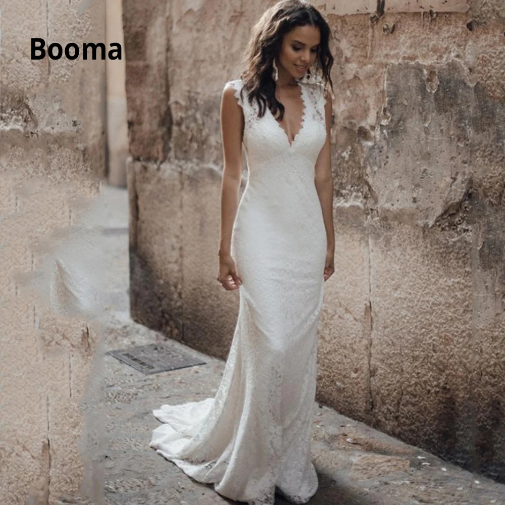 Booma Full Lace Wedding Dresses 2019 Beach Boho Princess Bridal Gowns V-neck Backless vestido de noiva with Train | Свадьбы и