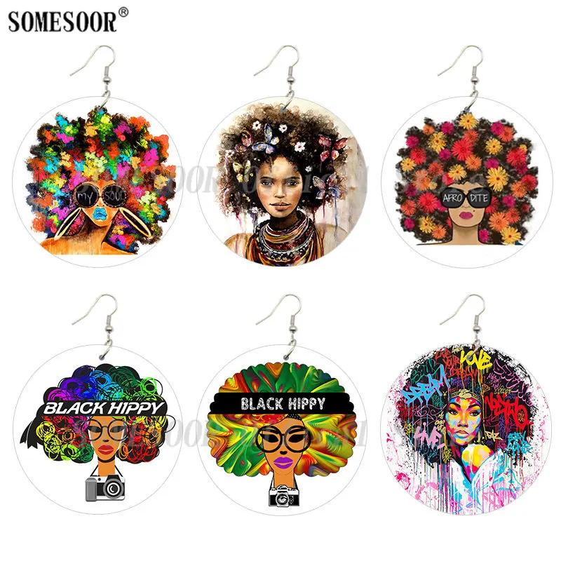 

SOMESOOR My Soul Afro Dite Natural Hair Wooden Drop Earrings Black Hippy Draw Portrait Printed Wood Locs Dope For Women Gifts