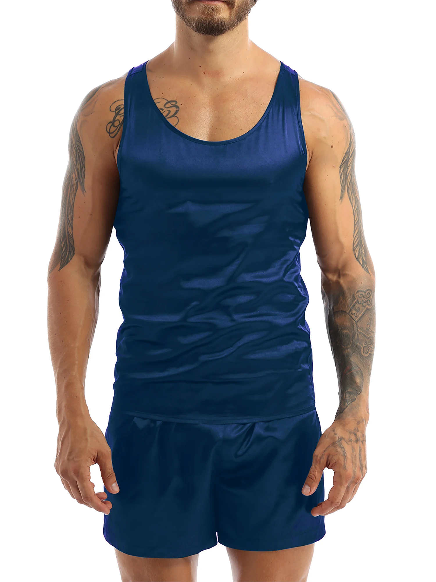 2Pcs Men Silk Satin Pajamas Sleeveless Tank Top Shorts Set Sleepwear Nightwear Casual Loungewear Home Wear