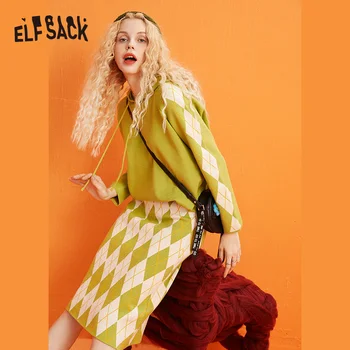 

ELFSACK Argyle Pullover Sweater, Women 2019 Fashion Winter Green Casual Suit Daily Clothing