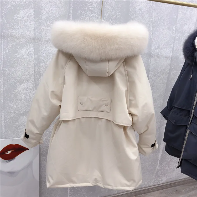 Женское зимнее пальто, свободная Женская Толстая теплая куртка, пальто с большим воротником и капюшоном, женское белое пуховое пальто, Casaco Feminino Parkas