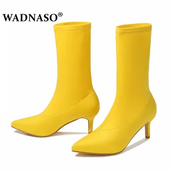 

2020 Fashion Women Ankle Sock Boots Autumn Winter Stretch Boots 6CM Stiletto High Heels Pointed Toe Women Shoes Red Black Yellow