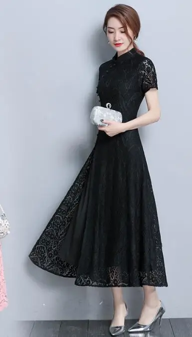 Летнее новое платье Ципао элегантное Ретро Кружевное китайское Восточное вьетнамское Ao dai 4XL - Цвет: Черный