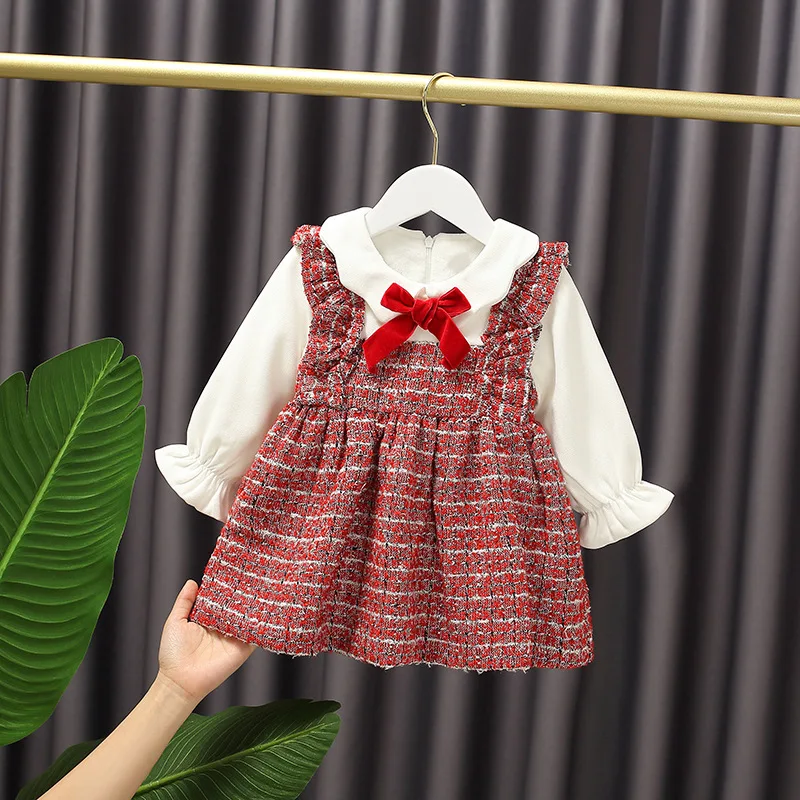 2021 Winter Red Thicken Children Clothes Baby Girls Patchwork New Years Dress Kids Bow Cotton