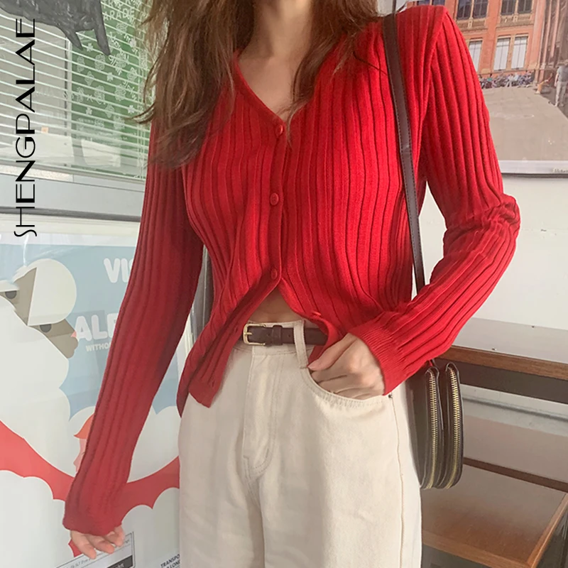 

SHENGPALAE 2019 V Collar Long Sleeve Solid Color Women Sweater Thin Korean Fashion Autumn Winter Female RED Pullovers FT510