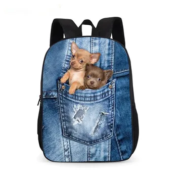

Cute 3D animal blue denim pocket cat kitten print boy and girl school bag elementary school backpack children creative backpack