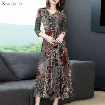 

KANCOOLD dress Women V-Neck Three Quarter Sleeve Long Dress Ladies Floral Print A-line Empire fashion new dress women 2019Nov1