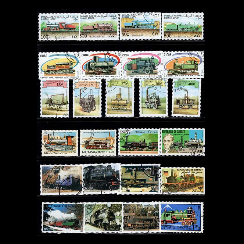 No Repeation Topic Steam Train Usused Postage Stamps With Post Mark For Collection 50 PCS postage stamps stickers
