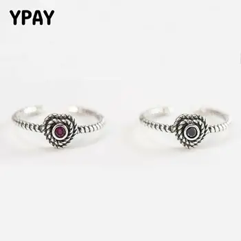 

YPAY Genuine 925 Sterling Silver Open Rings for Women Vintage Rope Winding Wire Red/Black Zircon Gothic Heart Ring Gift YMR370