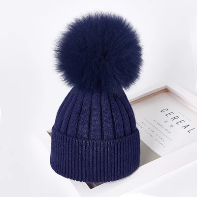 navy blue Зимняя детская теплая вязаная шапка с кроличьим мехом для мальчиков и девочек, женская и детская вязаная шапка с помпонами из лисьего меха - Цвет: navy blue
