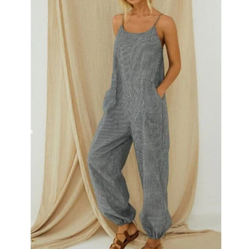 

2020 Casual Striped Sexy Spaghetti Strap Rompers Women Sleeveless Loose Pockets Wide Legs Jumpsuits OL Overalls Summer Plus Size