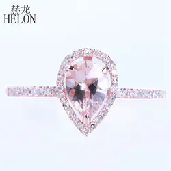 HELON Solid 18 к розовое золото безупречная Груша 7x5 мм зубец острые когти натуральный морганит & Алмаз обручальное кольцо для женщин ювелирные
