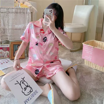 

Two Piece Pyjamas Short Lingerie Women Summer Pijamas Set Silk Feeling Sleepwear Pajama for women PJS Feminino satin homewear
