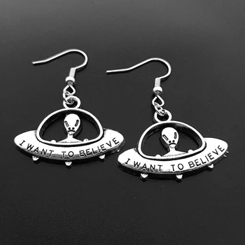 

1pair Tibetan Silver Color UFO Alien Dangle Earrings I Want To Believe Drop Earring Handmade DIY Jewelry