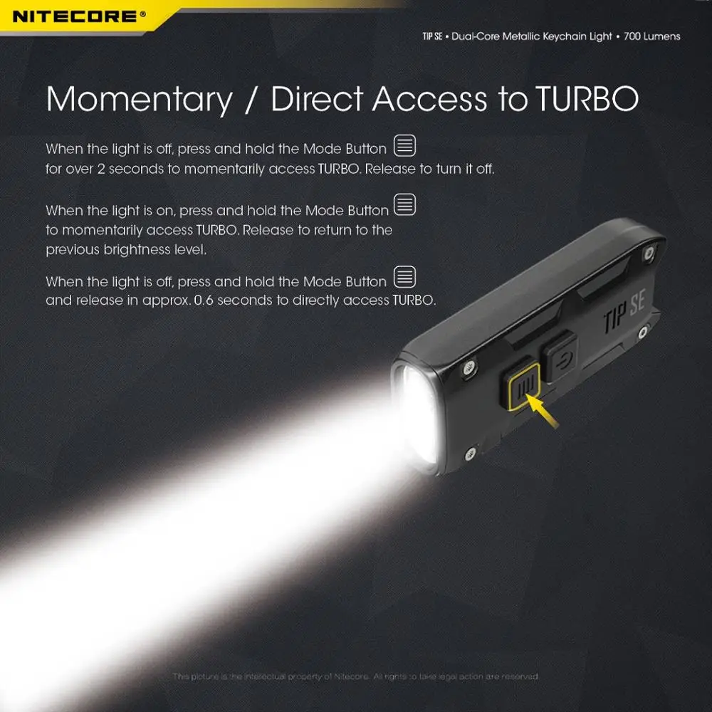 LED Flashlight Original Nitecore TIP SE 700 lumens With Rechargeable Lithium Ion Battery Dual-Core Metal Keychain Light