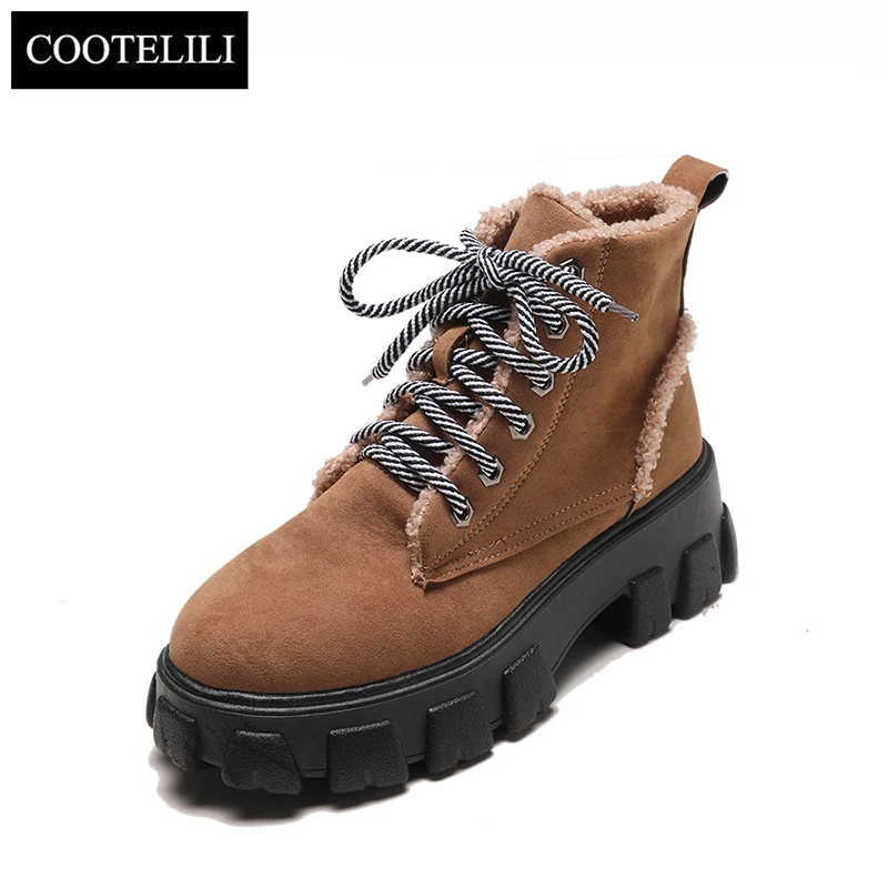 COOTELILIl/Женские Ботинки Ботильоны черные теплые зимние ботинки на меху, на толстом каблуке, на платформе, с круглым носком, на шнуровке, с плюшевой подкладкой