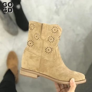 

[GOGD]high quality 2020 Women's Chelsea Boots Women's Ankle Boots Flat Heel Boots Women's Shoes Hollow Boots Flat Low Tube