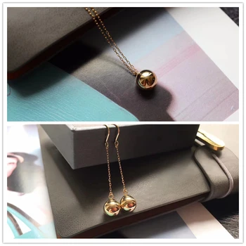 

VOJEFEN HOT Classic AU750 Japanese 18k Yellow Gold Bead Pendant Chain Necklace and Hook Long Chain Earrings for Women 2020 New
